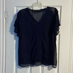 Banana Republic Women’s Navy Sheer V-Neck Blouse with Lace Detail  Size L